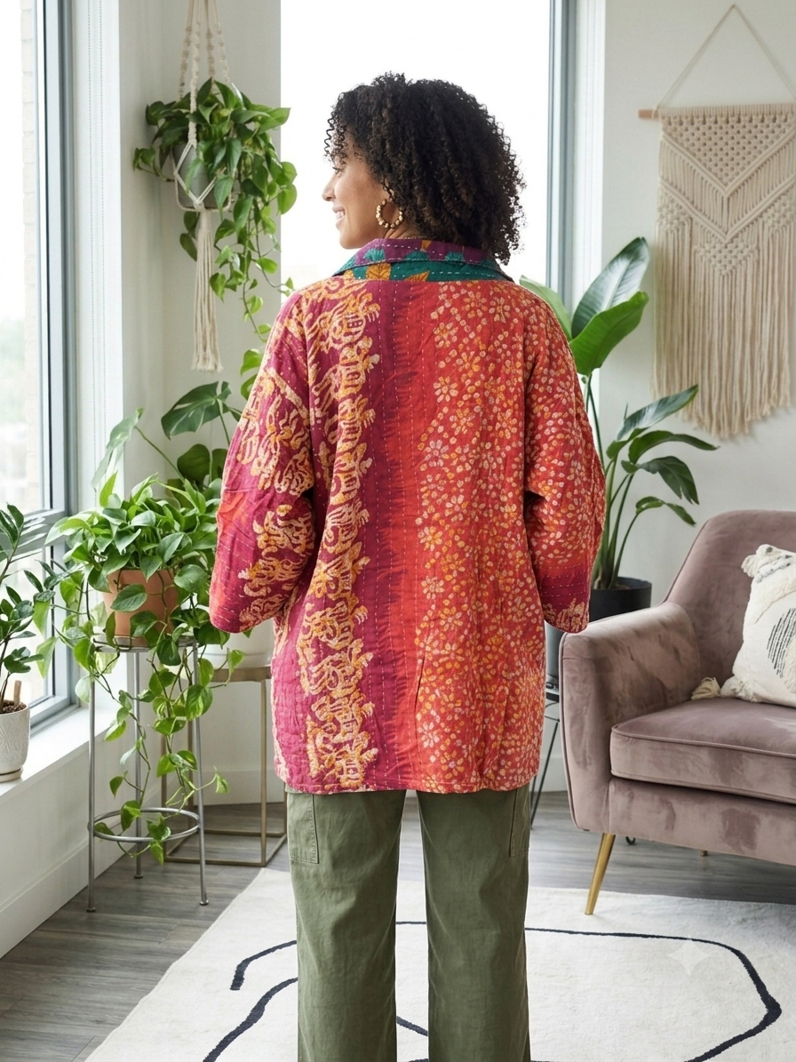 Jessica Vintage Printed Cotton Kantha Jacket One Size Fits Small to 2X
