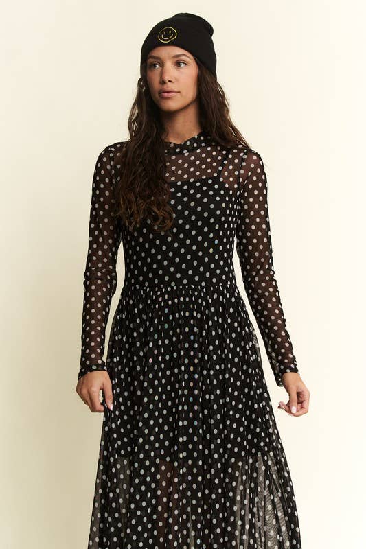 POLKA DOT PRINT MESH MAXI DRESS: Black
