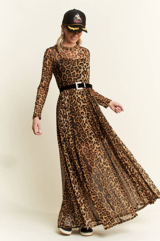 ANIMAL PRINT MESH MOCK DRESS: MOCHA BROWN
