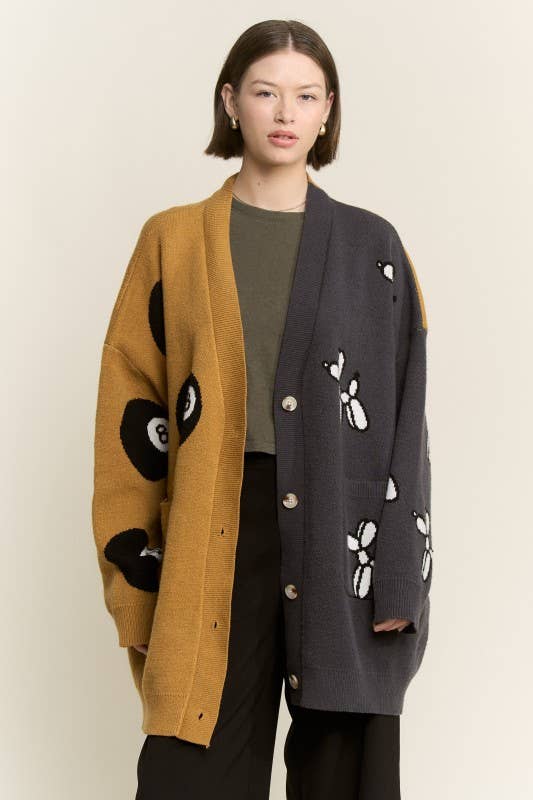 BALLOON DOG & 8BALL OVERSIZE CARDIGAN: MOCHA/CHARCOAL