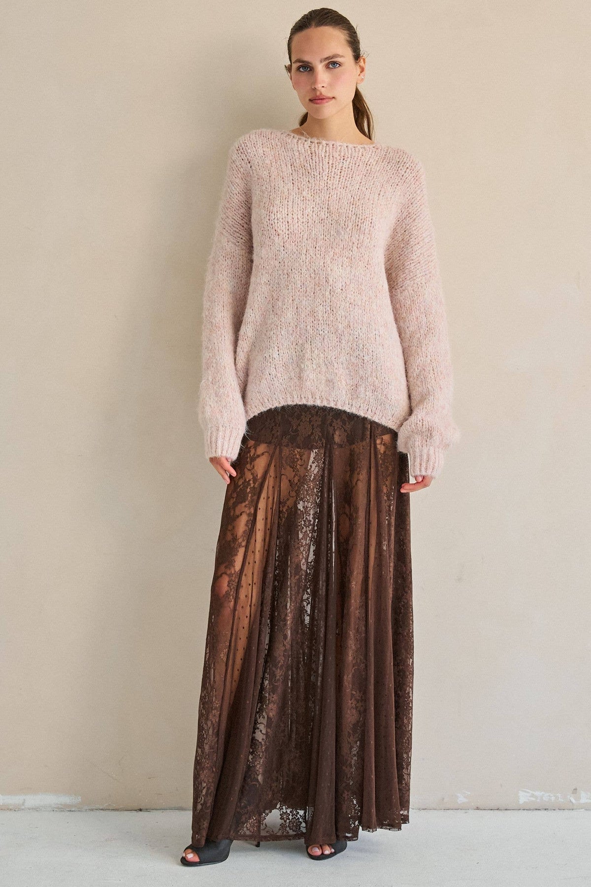 SHEER LACE FRONT SLIT MAXI SKIRT: Black