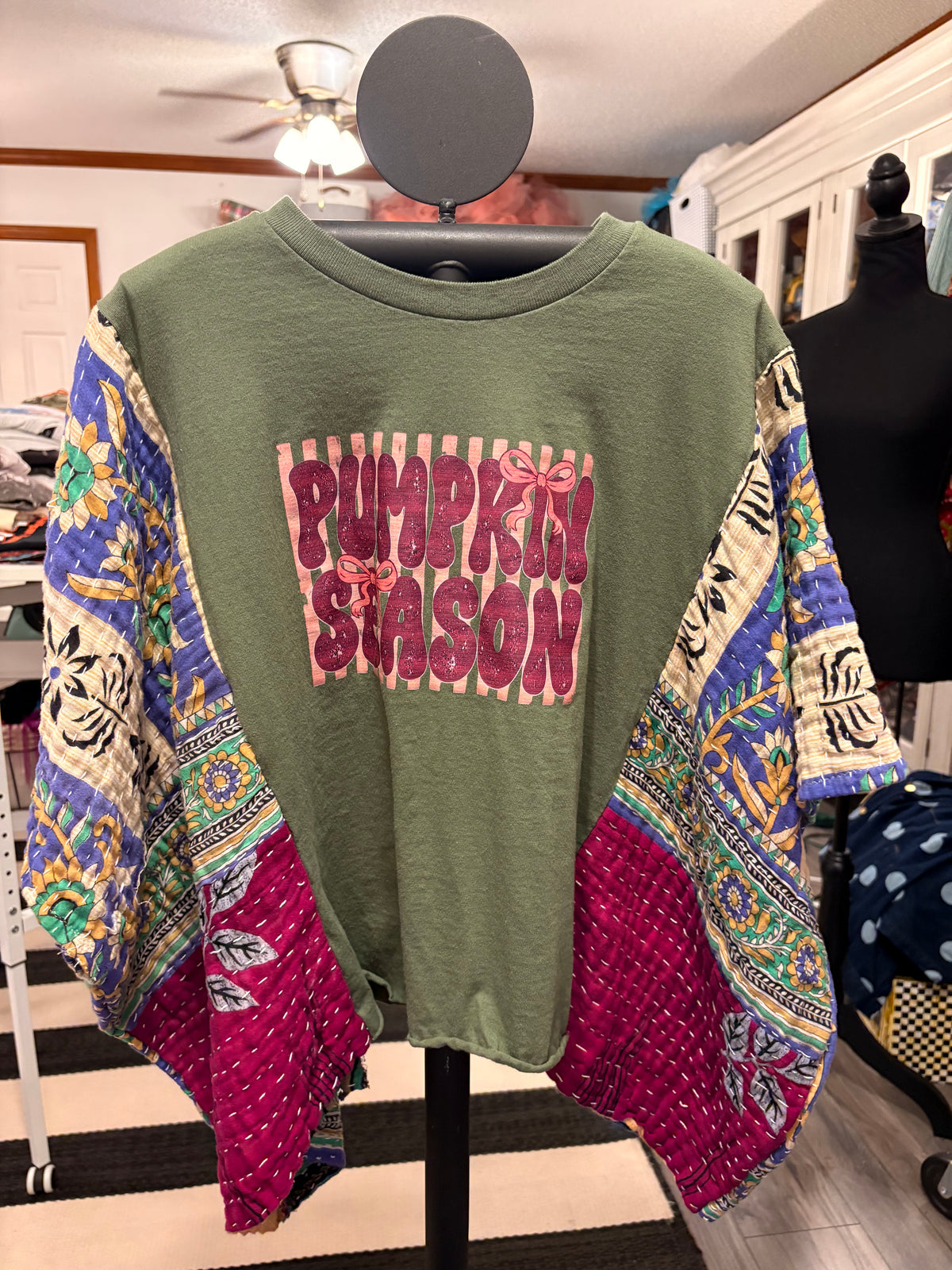 Pumpkin Season Vintage Kantha Poncho One Size Fits a Small Large Petite Length