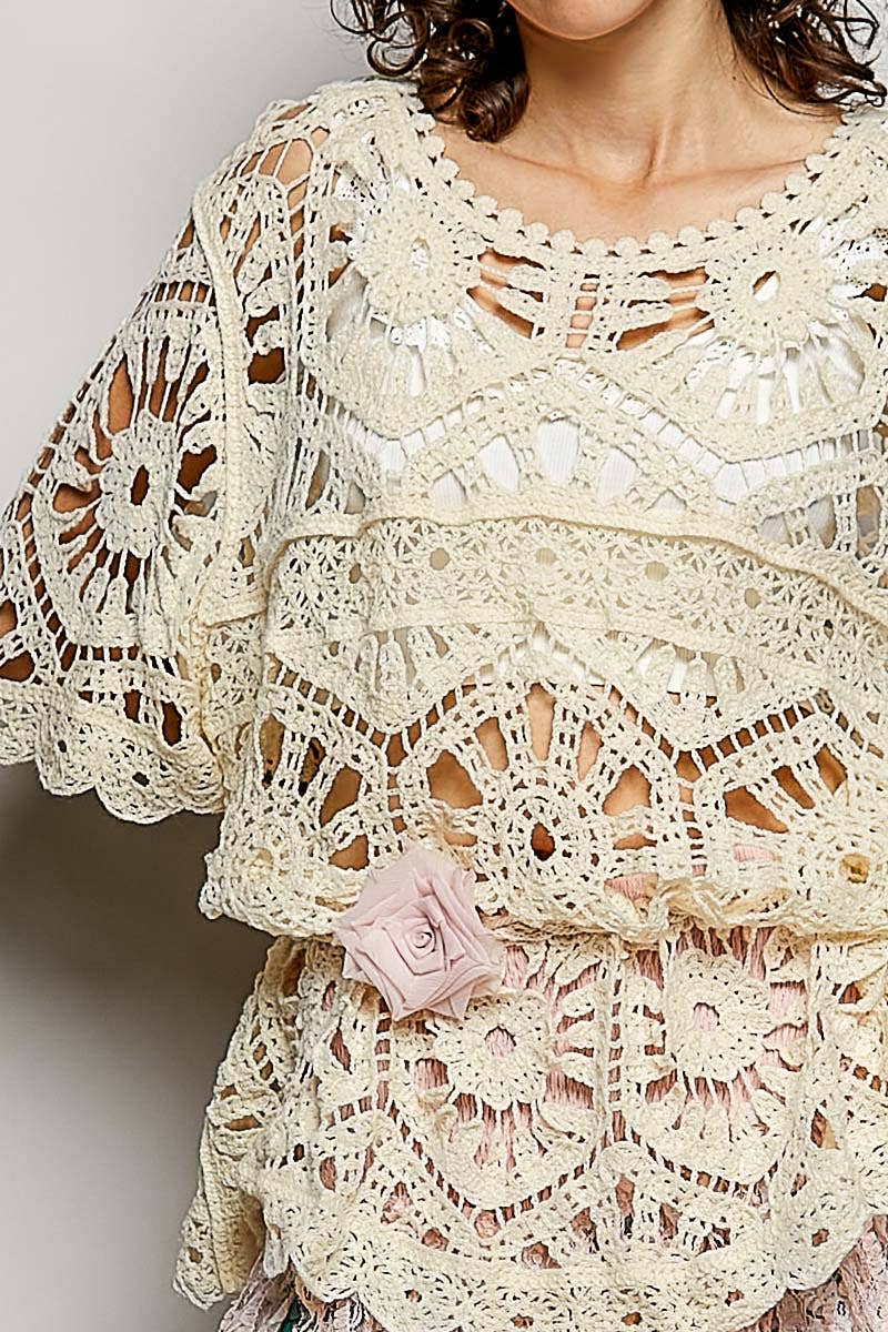 Round Neck Weaving Pattern Crochet half sleeve Top: OLIVE / One Size Fits Small to XXL