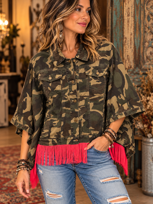 Camo Glam Fringe Poncho Fits a Small to XL