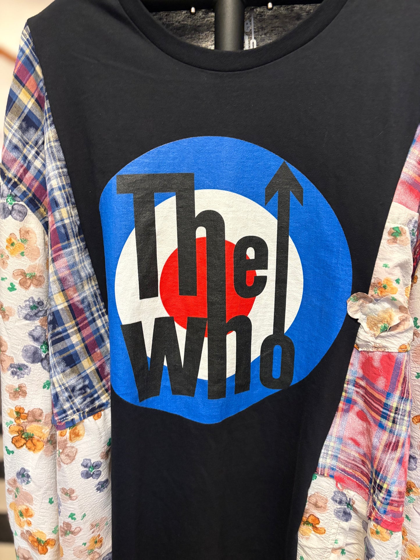 Who? Upcycled Frayed Patchwork Tee One Size Fits A Small to XXL Oversized