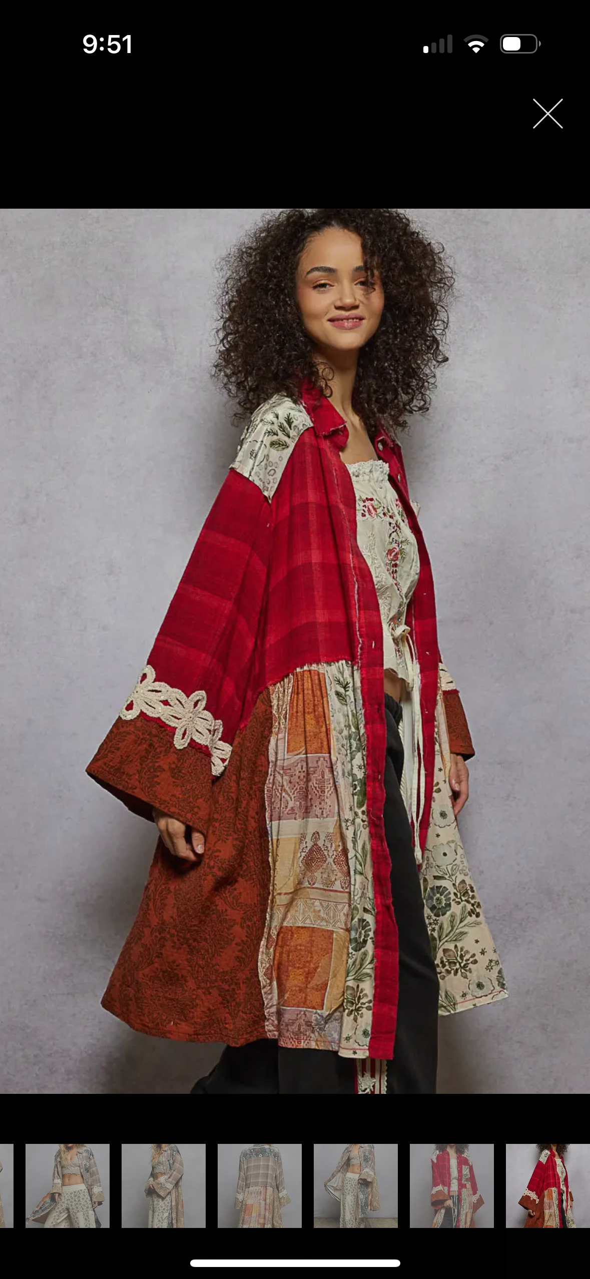 Long sleeve spangle crochet trim plaid knee length shirt top: RED MULTI / S