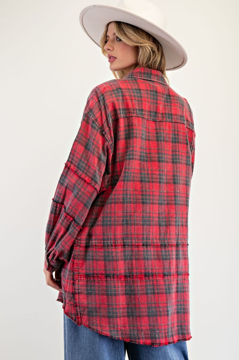 Red Plaid Frayed Long Flannel