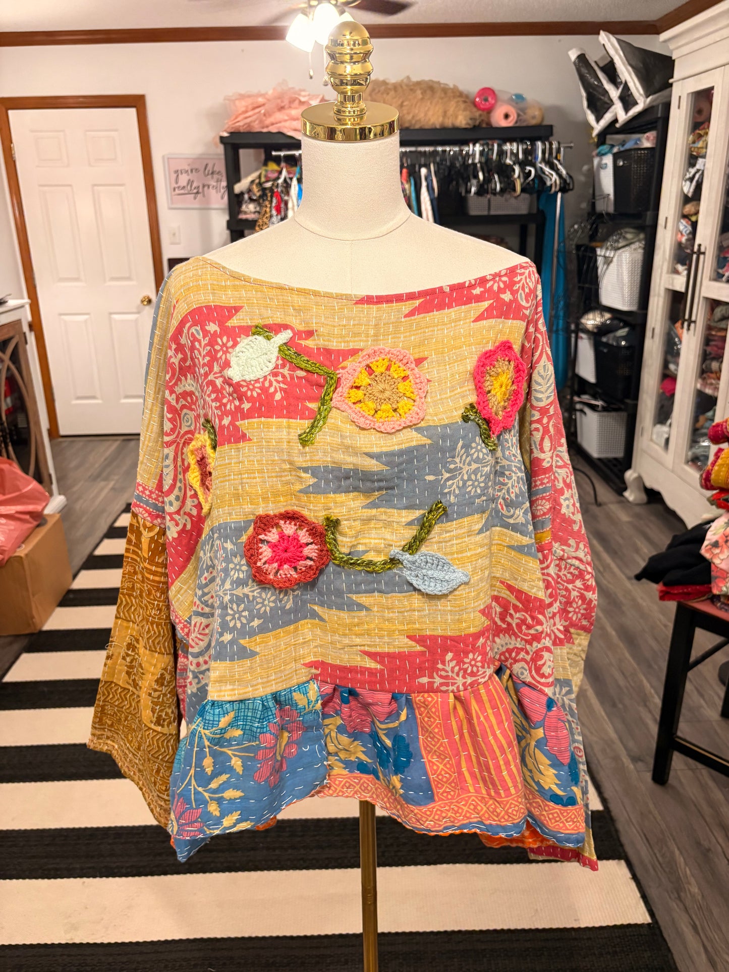 Crochet and Kantha Ruffled Hi/Lo Top