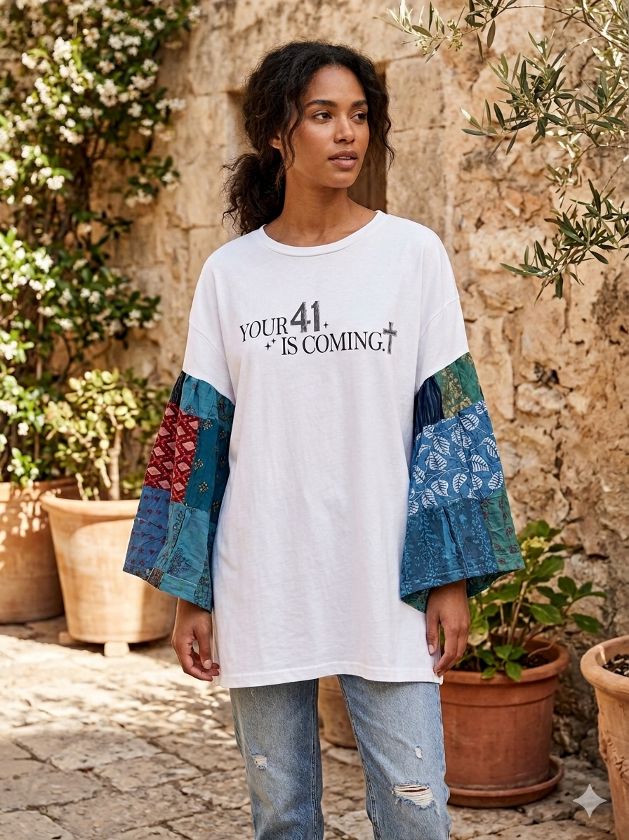 Your 41 is Coming Flare Patchwork Sleeve Tee Fits a Small to XL