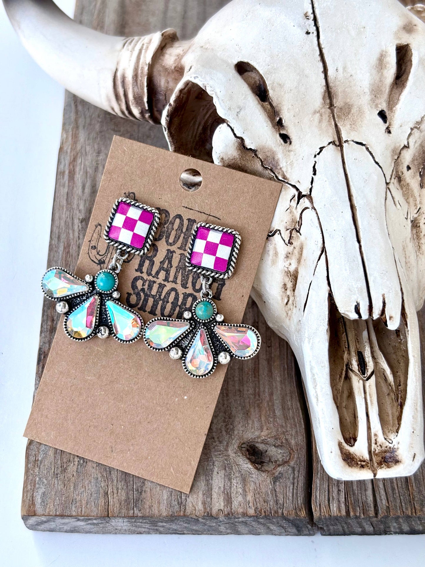 Western Square Squash Blossom Post Drop Earrings Checker: Pink Checkerboard