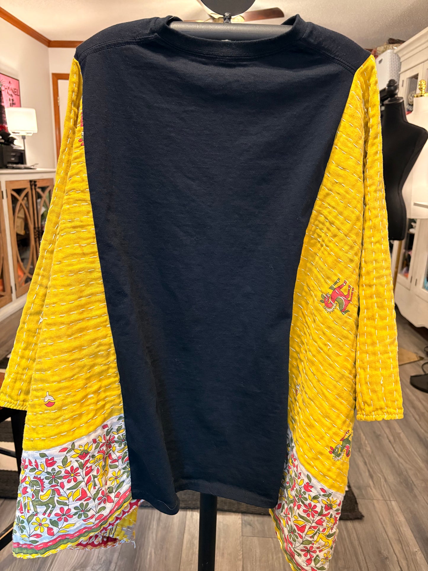 Hello Sunshine Upcycled Vintage Kantha Quilt Poncho Tee One Size Fits a Large to 3X