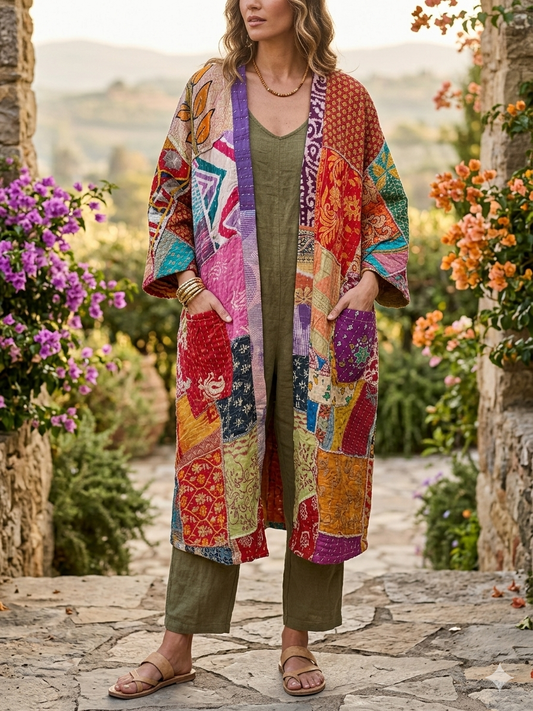 Dani Upcycled Kantha Quilt COTTON Kimono One Size Fits a Small to 3X