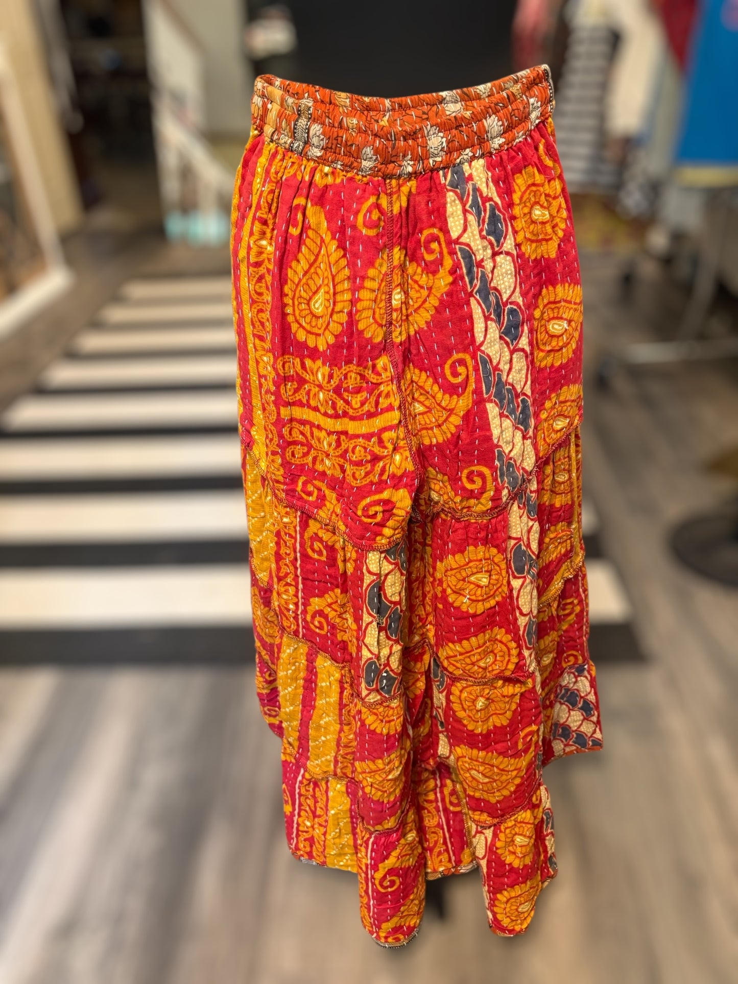 Emily Kantha Flowy Tiered Reversible Palazzo Pant with Pockets: One Size Fits Size 6-16
