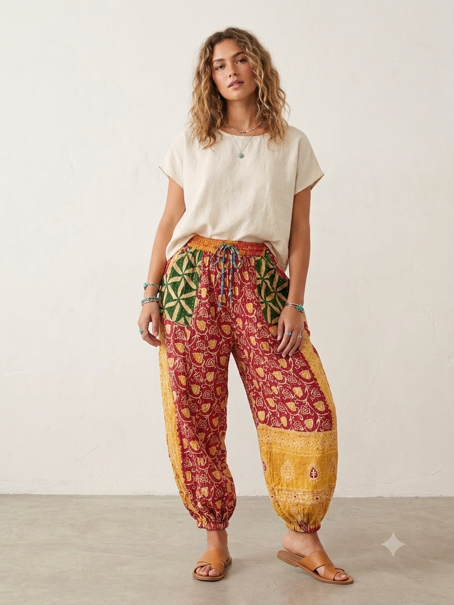 Sabrina Women Vintage Kantha Quilt Cotton Reversible Harem Pant One Size Fits Size 4-16