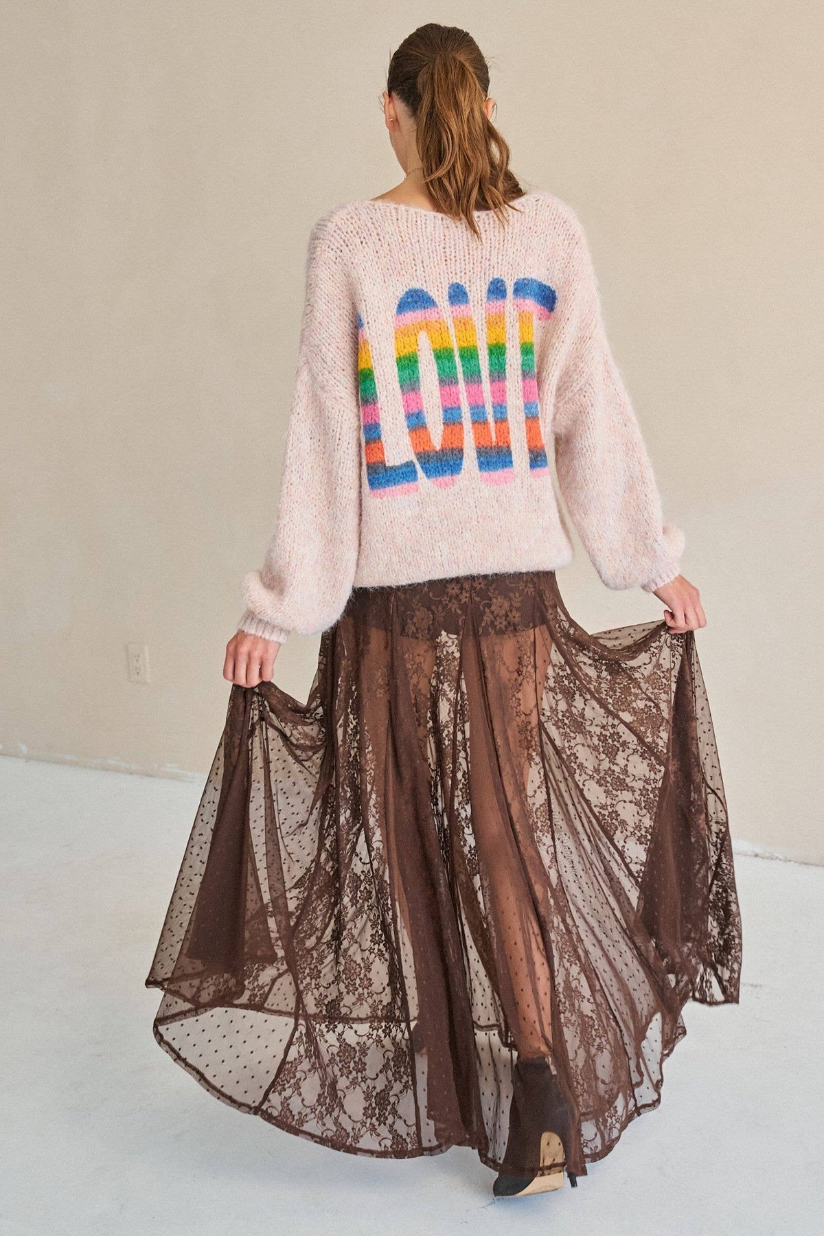 SHEER LACE FRONT SLIT MAXI SKIRT: Black