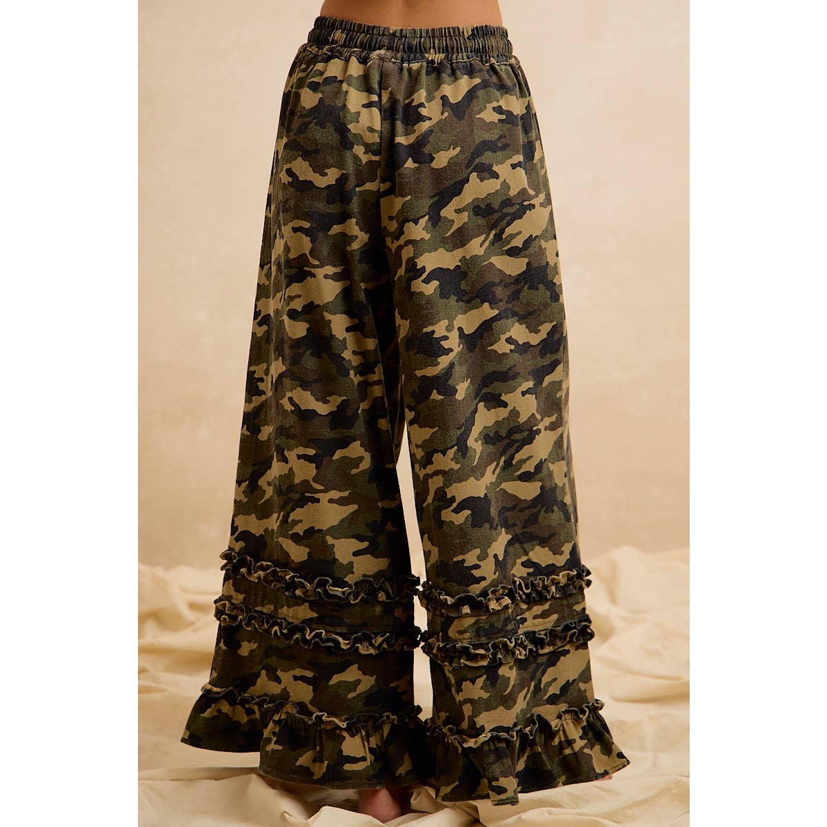 CAMOUFLAGE PRINTED TWILL RUFFLED DETAIL WIDE PANTS: CAMOUFLAGE / L 10-14