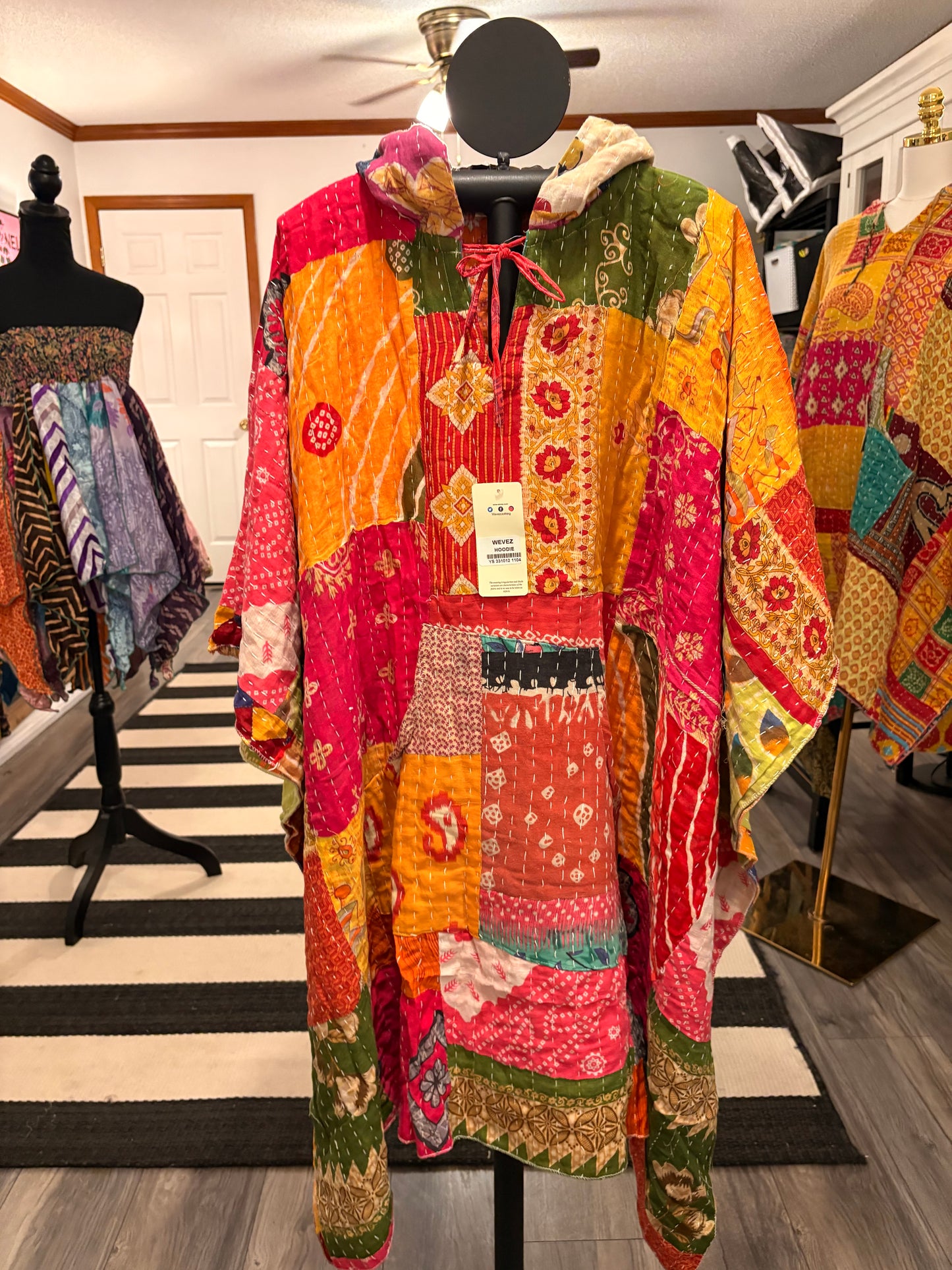 Hope Vintage Kantha Fabric Hood Oversized Poncho Top Dress One Size Fits Most
