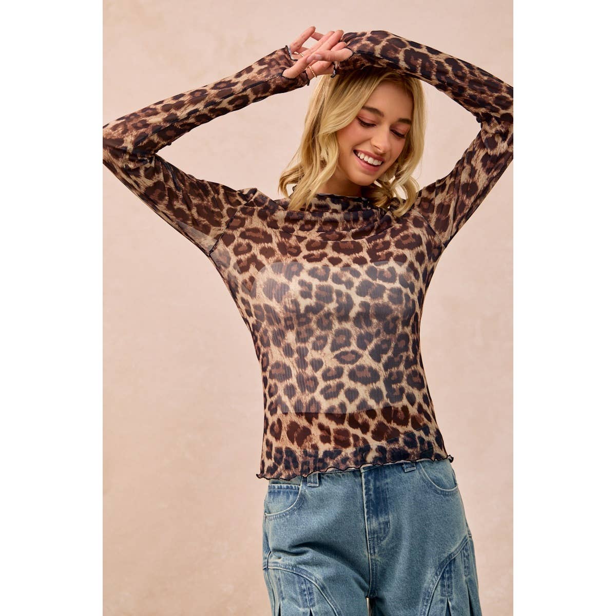 MESH LEOPARD PRINTED TOP WITH LONG SLEEVES: LEOPARD / S-XL