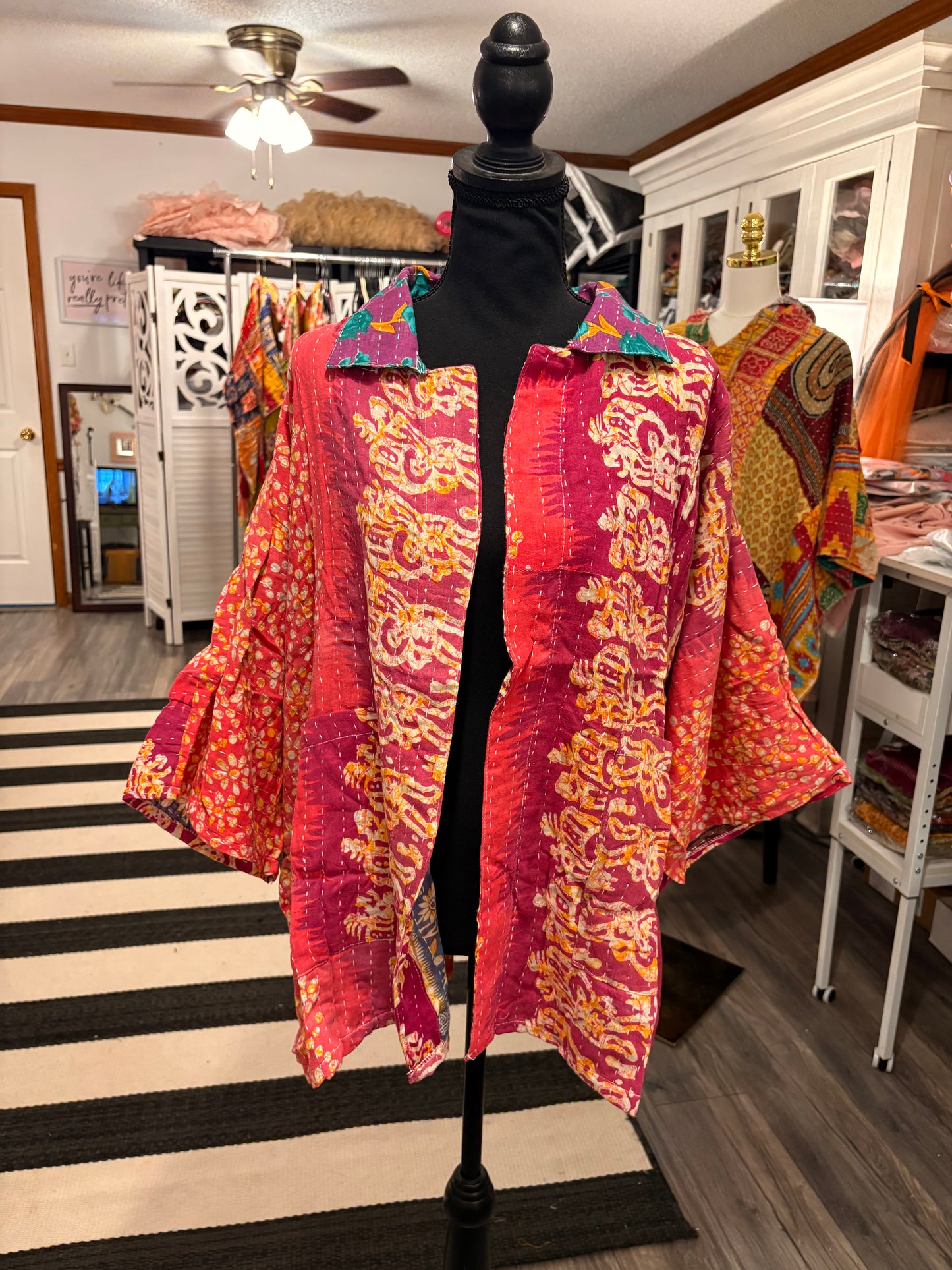 Jessica Vintage Printed Cotton Kantha Jacket One Size Fits Small to 2X