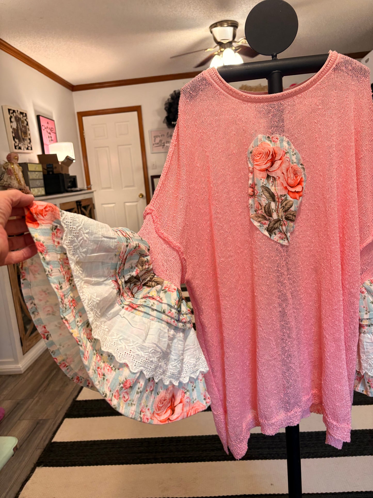 Lila Upcycled Mesh Ruffle Sleeve Sweater Fits a Small to 2X