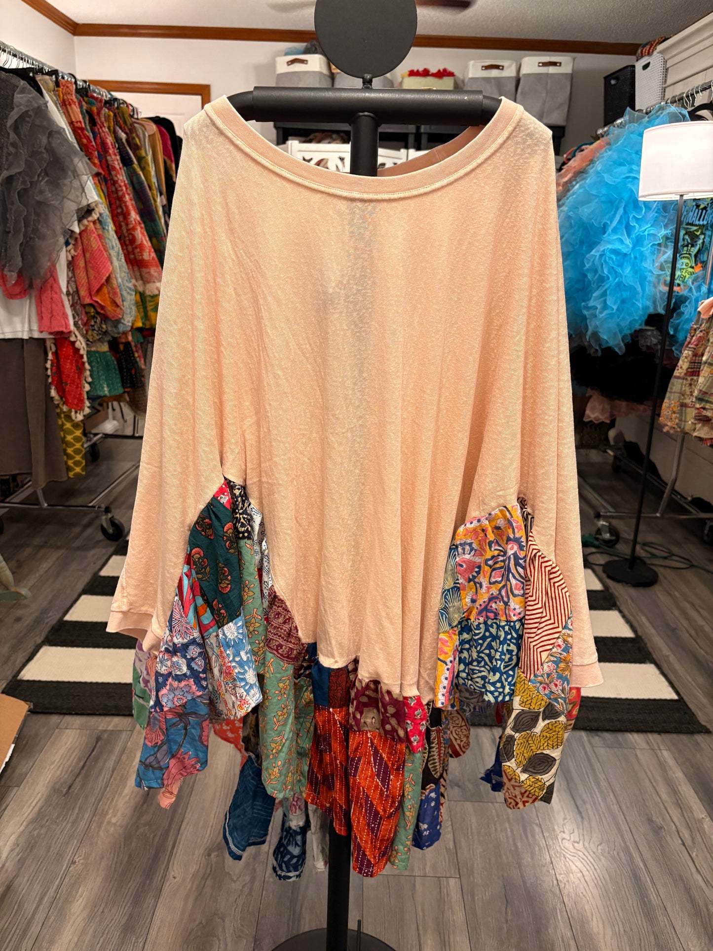Peaches Upcycled Patchwork Circle Poncho One Size Fits Most Fits a Large to 3X