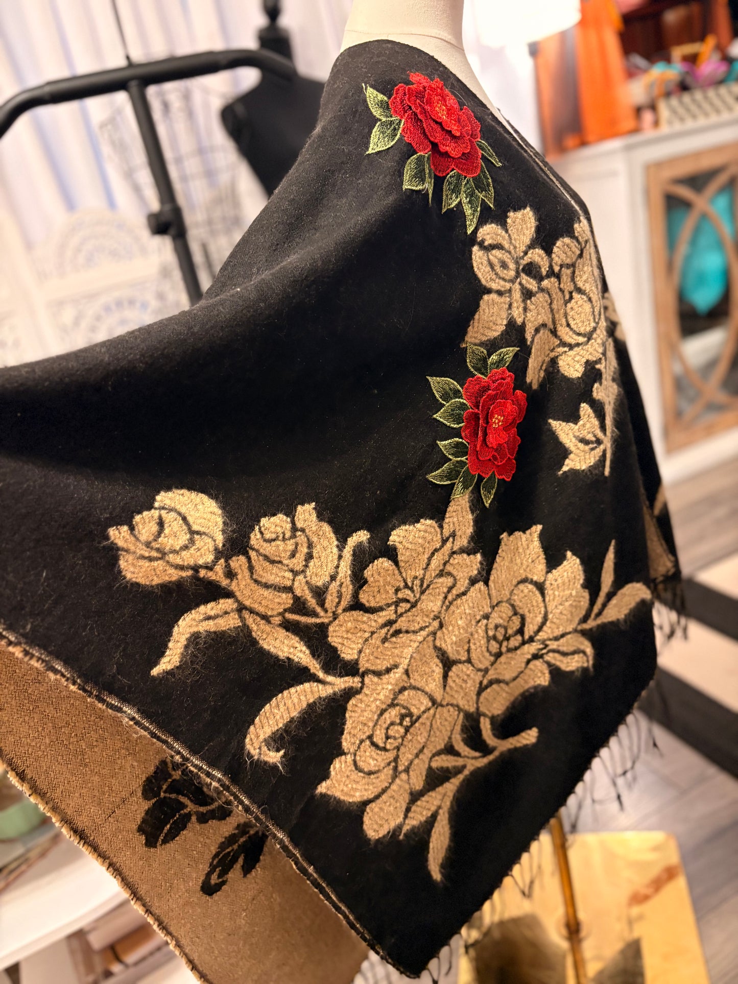The Rose Hand Embroidered Poncho by Aratta One Size Fits a Small to 3X