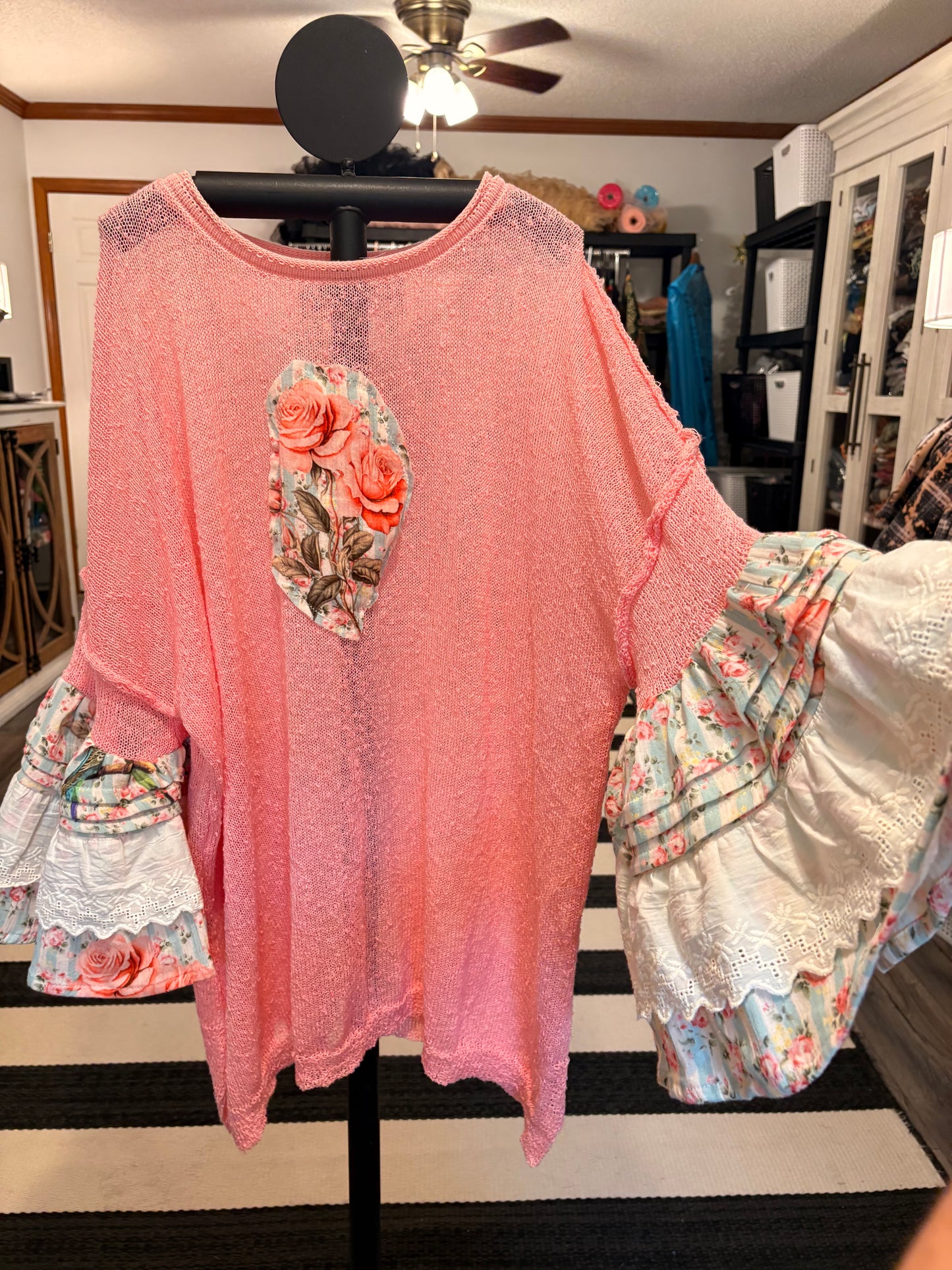 Lila Upcycled Mesh Ruffle Sleeve Sweater Fits a Small to 2X