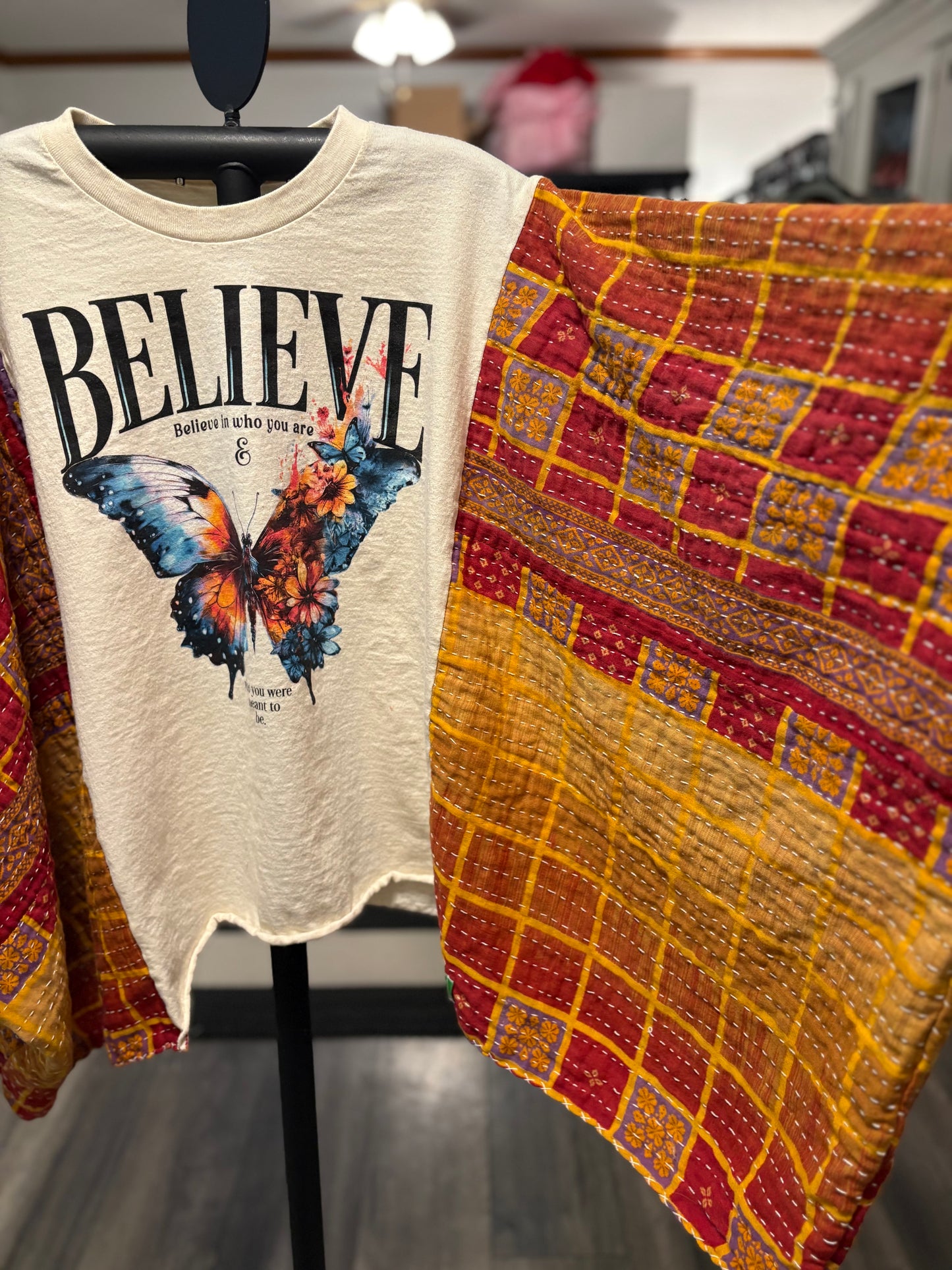Believe Upcycled Vintage Kantha Poncho Tee Fits A Size Small to 3X