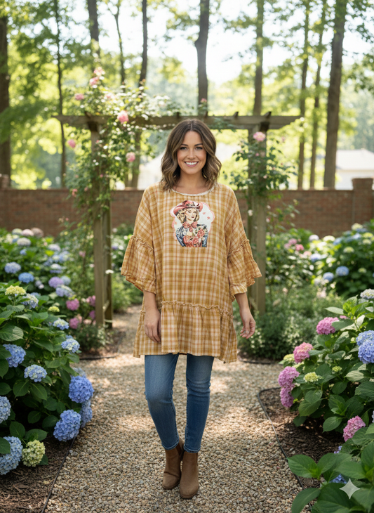 Rhinestone Cowgirl Upcycled Ruffle Plaid Top OVERSIZED Fits a 2-3X