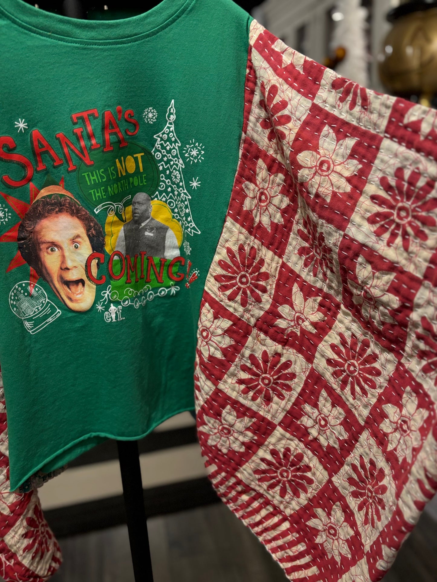 Santa’s Coming Vintage Kantha Quilt Poncho Tee One Size Fits a Small to XXL