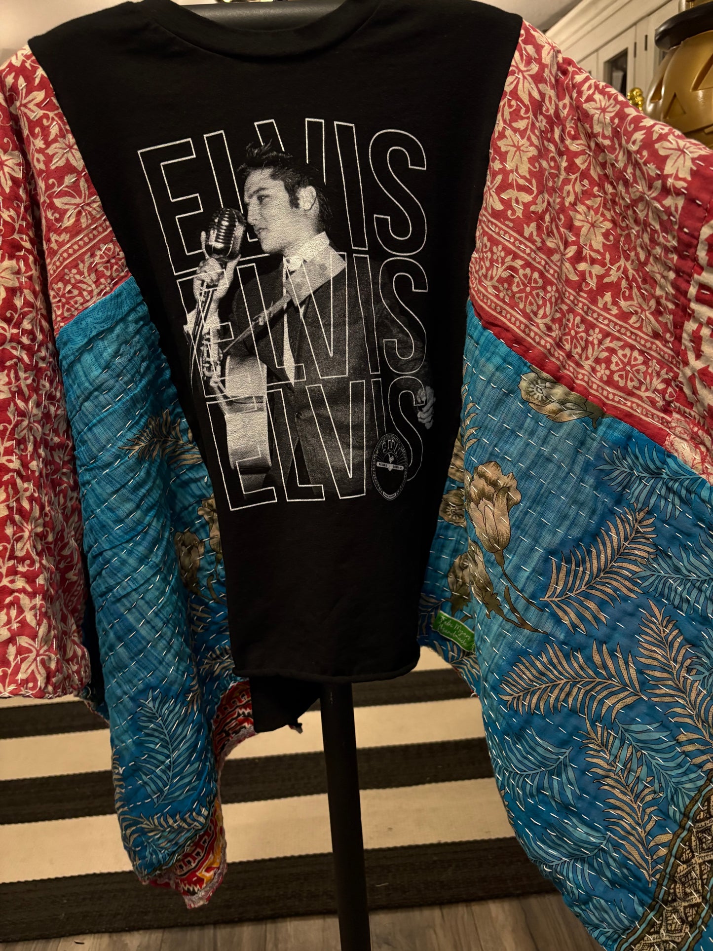 Elvis Upcycled Vintage Kantha Quilt Poncho Tee One Size Fits a Small to XXL