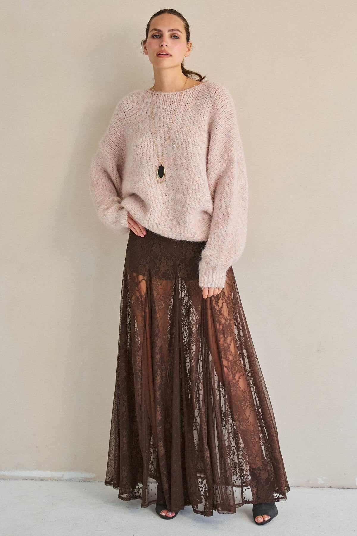 SHEER LACE FRONT SLIT MAXI SKIRT: Black