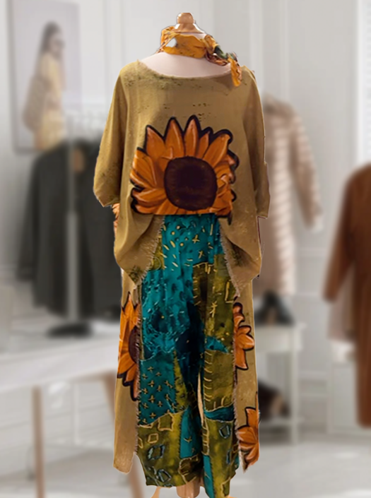 Hi-Lo in Olive with Sunflower Print One Size Fits Small to XXL