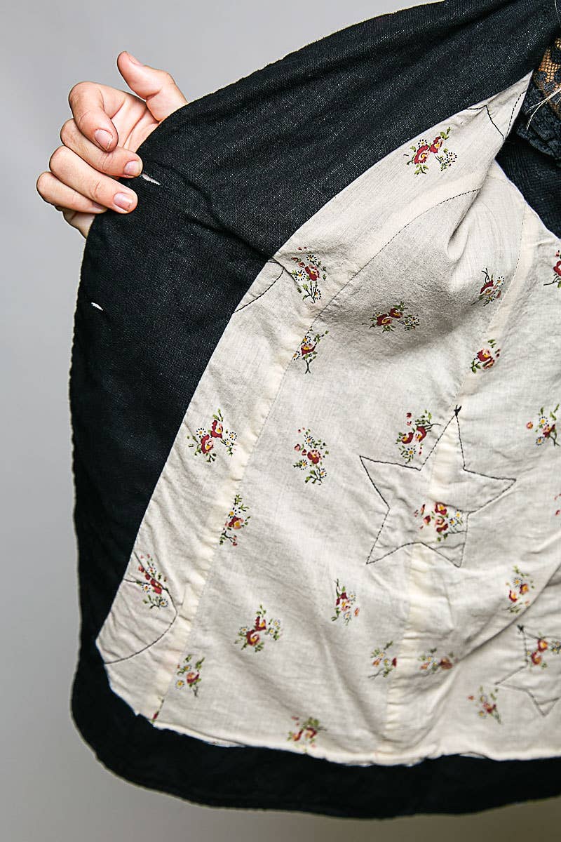 Notched Collar Star & Heart Applique Relaxed Blazer Jacket: Black