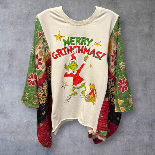 Merry Grinchmas Vintage Kantha Poncho Tee One Size Fits a Large to 3X
