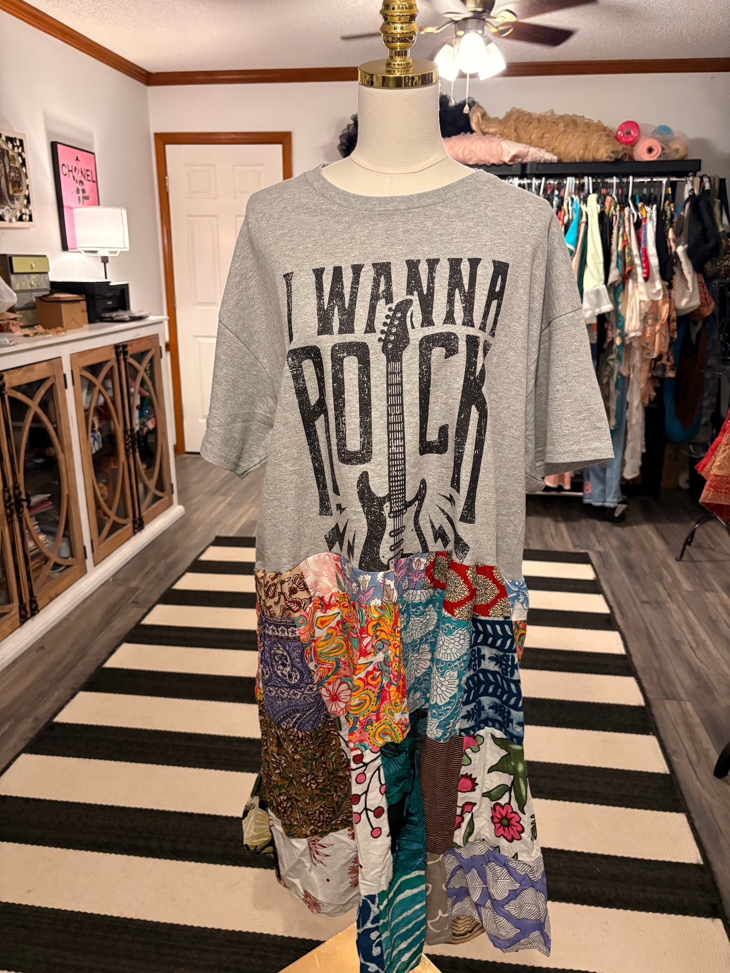 I Wanna Rock Upcycled Vintage Patchwork Tee Dress Fits a Small to XL
