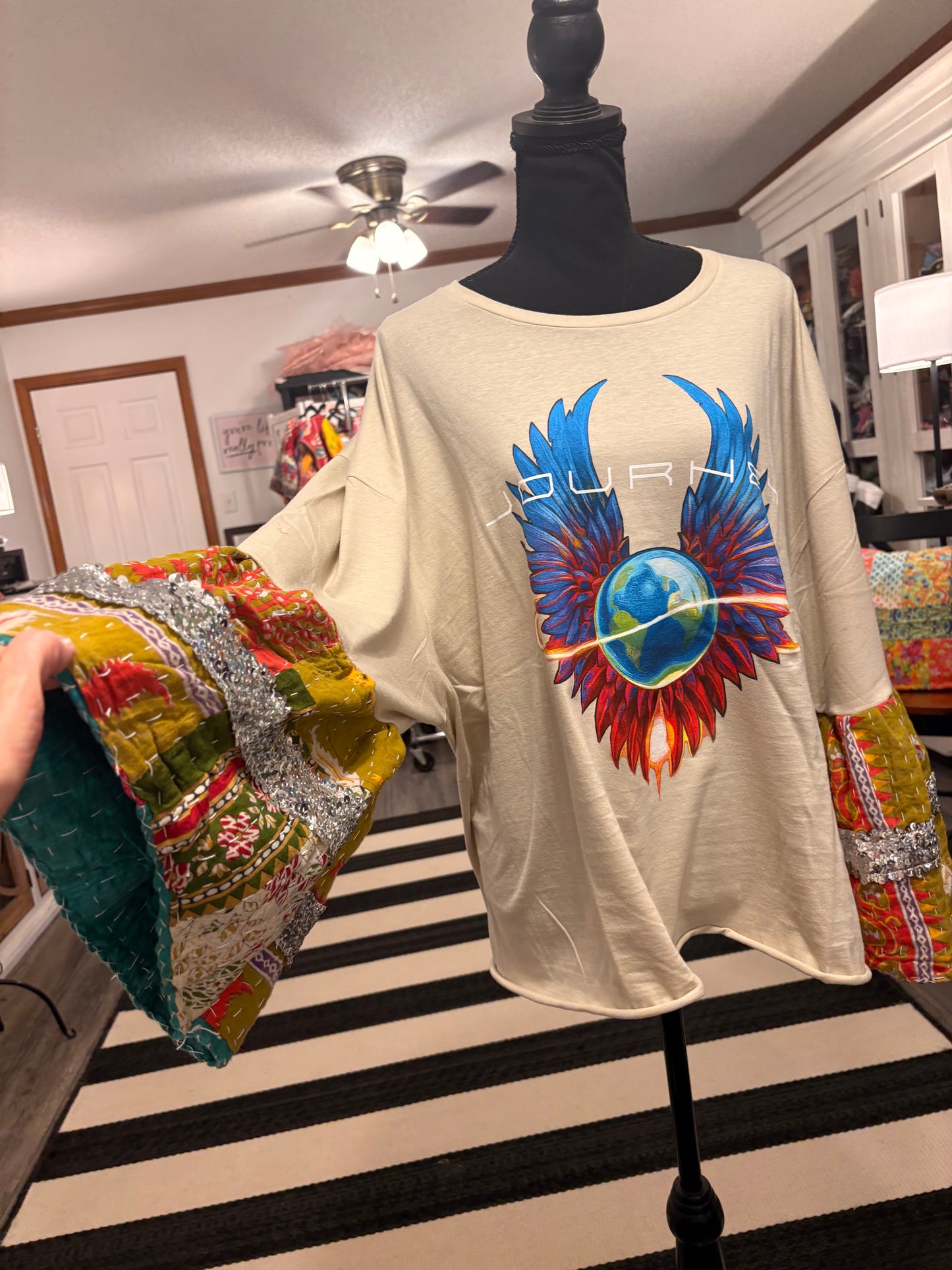 Don’t Stop Believing Sparkle Sleeve Tee One Size Fits a Small to XXL