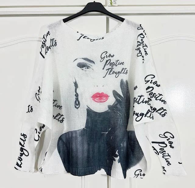 VI302 White Face Round Knit Printed Sweater LOOWIE