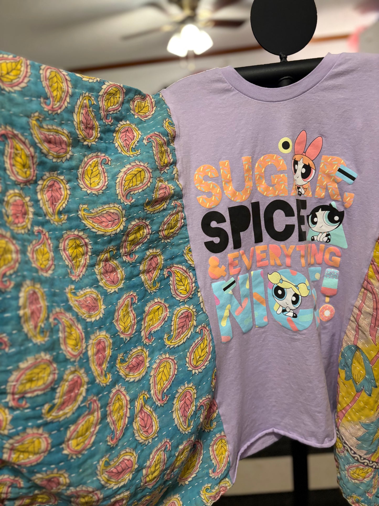 Power Puff Upcycled Vintage Kantha Poncho Tee Fits A Size Small to XXL