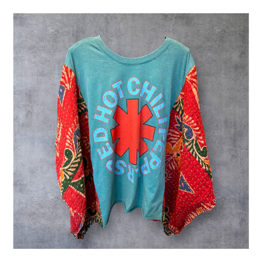 Red Hot Upcycled Vintage Kantha Quilt Poncho Tee One Size Fits a Small to XXL