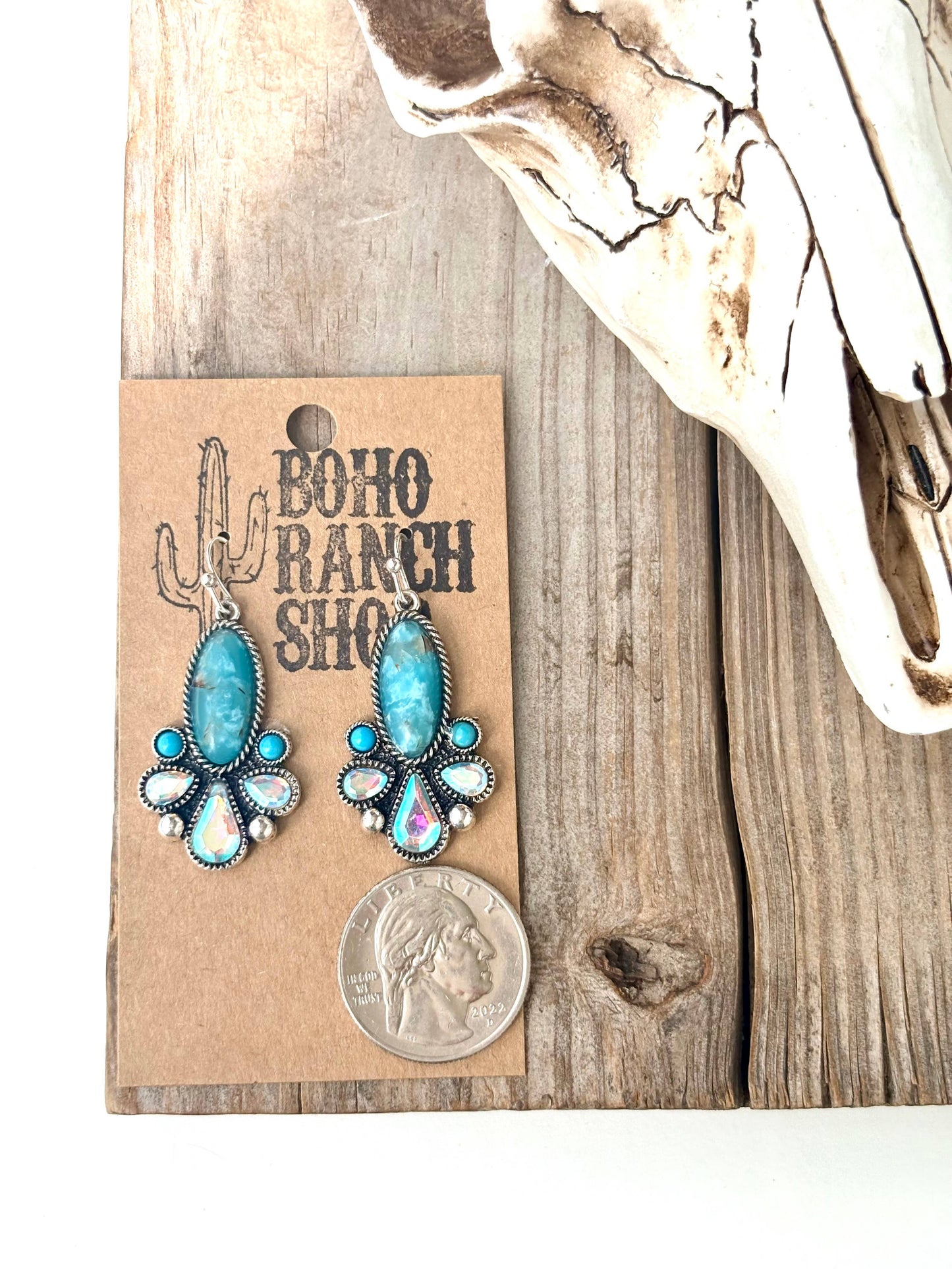 Western Style Turquoise Stone Rhinestone Dangle Earrings: White
