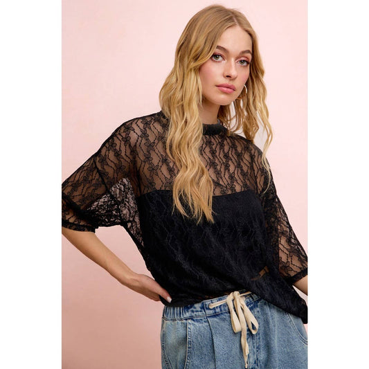 FLORAL PATTERN SHORT SLEEVES BOXY MESH TOP: BLACK / S 2-6