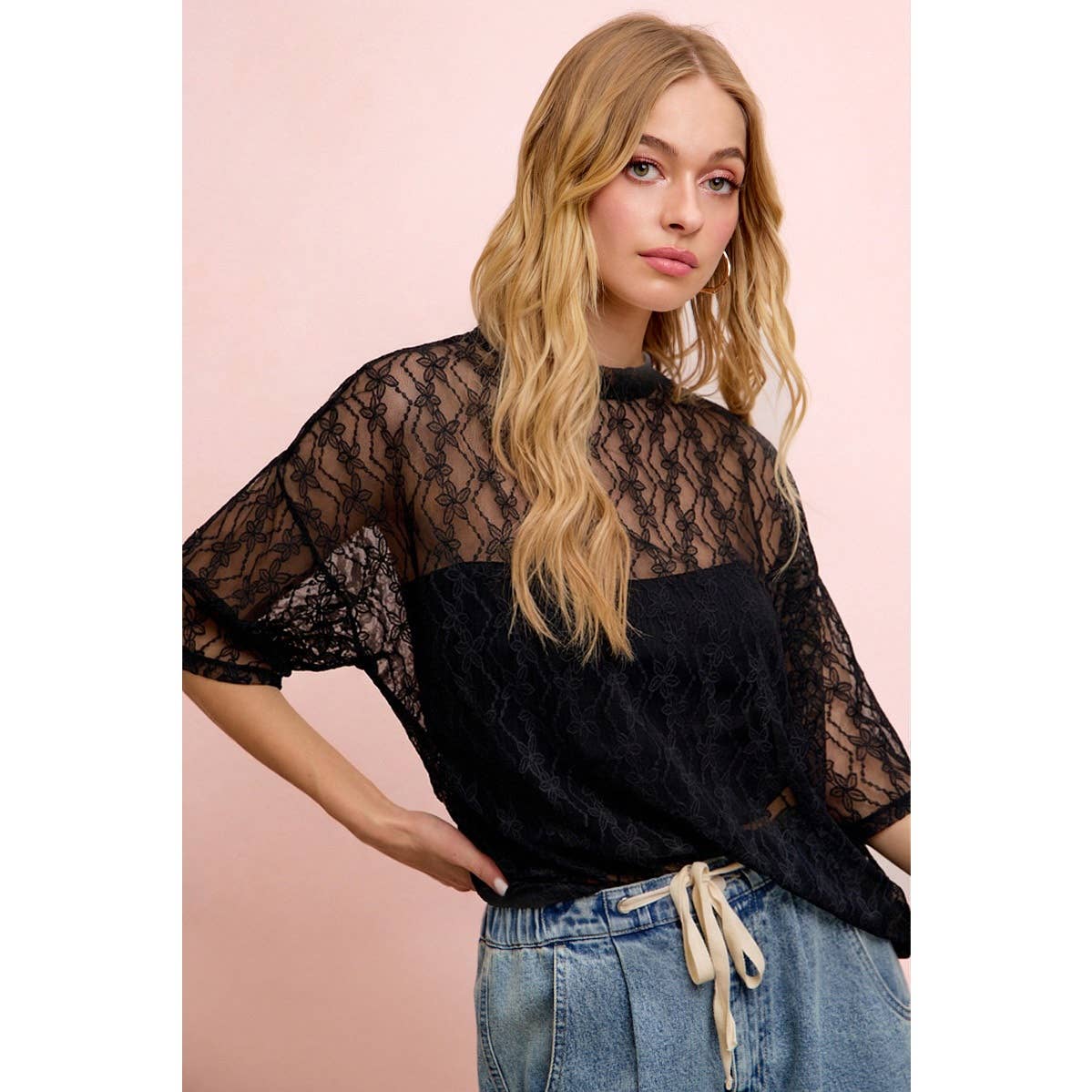 FLORAL PATTERN SHORT SLEEVES BOXY MESH TOP: BLACK / L 10-14