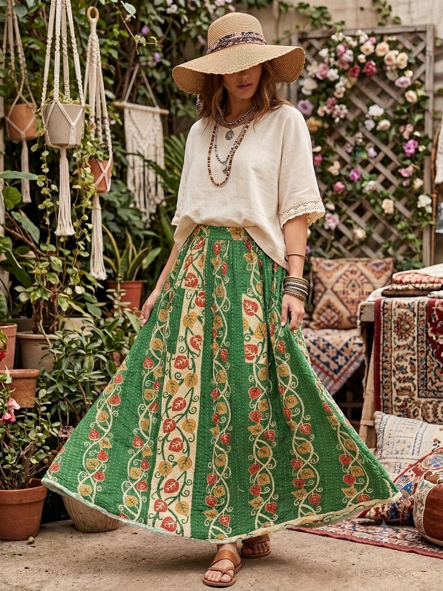 Kayla Women Vintage Kantha Quilt Cotton Reversible Skirt One Size Fits Size 4-16