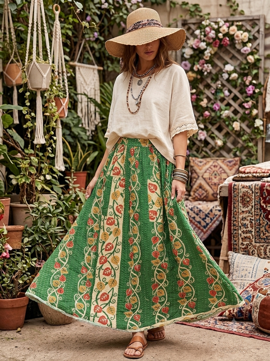 Kayla Women Vintage Kantha Quilt Cotton Reversible Skirt One Size Fits Size 4-16