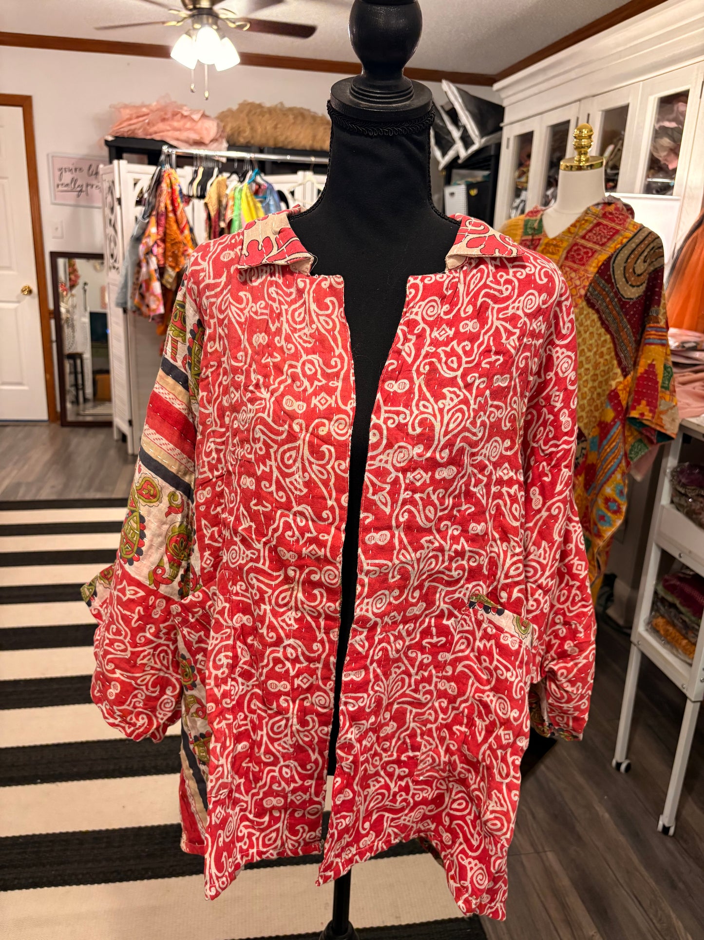 Lauren Vintage Printed Cotton Kantha Jacket One Size Fits Small to 2X