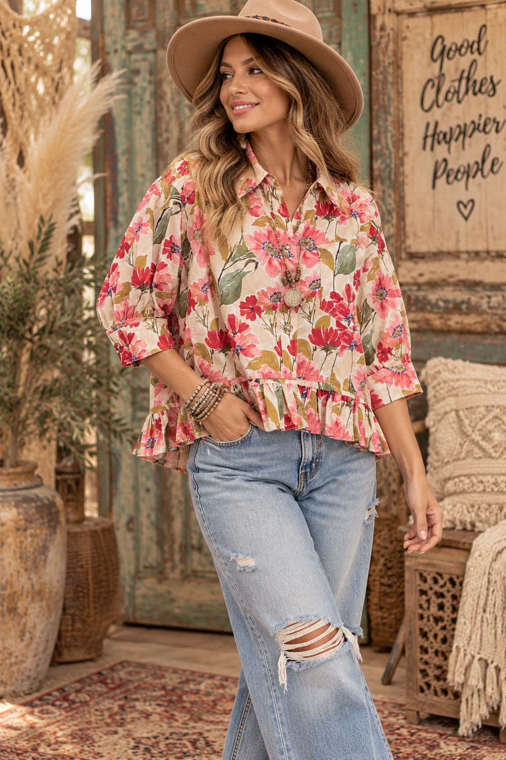 FLORAL PRINT RUFFLED HEM QUARTER SLEEVES SHIRT TOP: FLORAL / M