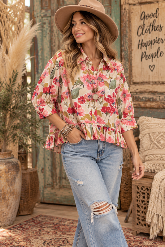 FLORAL PRINT RUFFLED HEM QUARTER SLEEVES SHIRT TOP: FLORAL / M