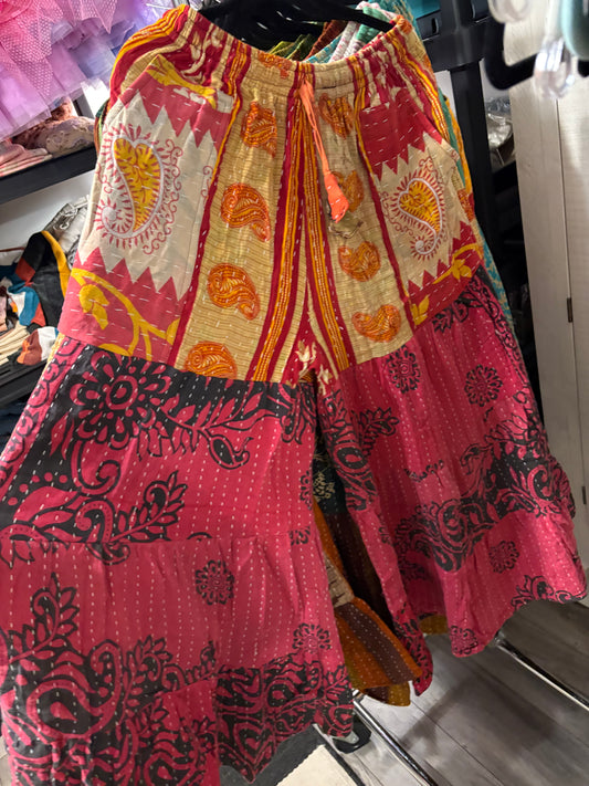 Kantha Flowy Tiered Reversible Palazzo Pant with Pockets: One Size Fits Size 6-16