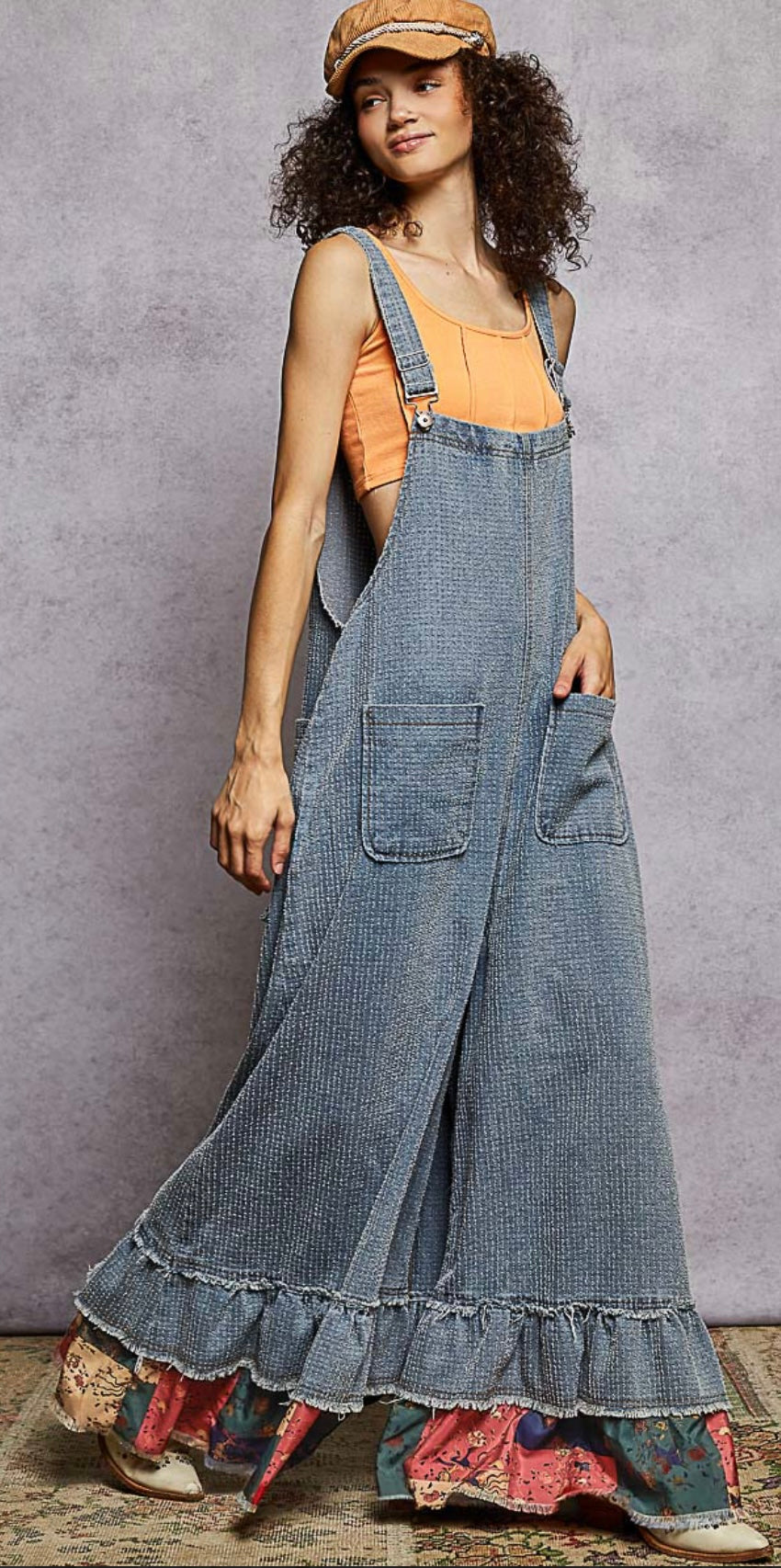Striped Denim Ruffled Bottom Overalls